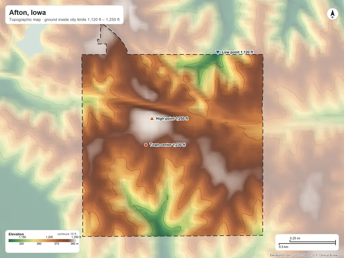 Topographic elevation map of Afton, Iowa, shaded from 1,120 ft on the northeast side to 1,250 ft near the middle