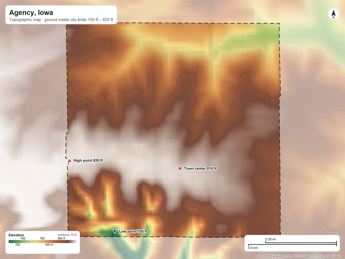 Topographic elevation map of Agency, Iowa, shaded from 750 ft on the southwest side to 820 ft on the west side