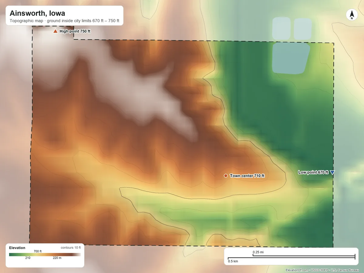 Topographic elevation map of Ainsworth, Iowa, shaded from 670 ft on the east side to 750 ft on the northwest side