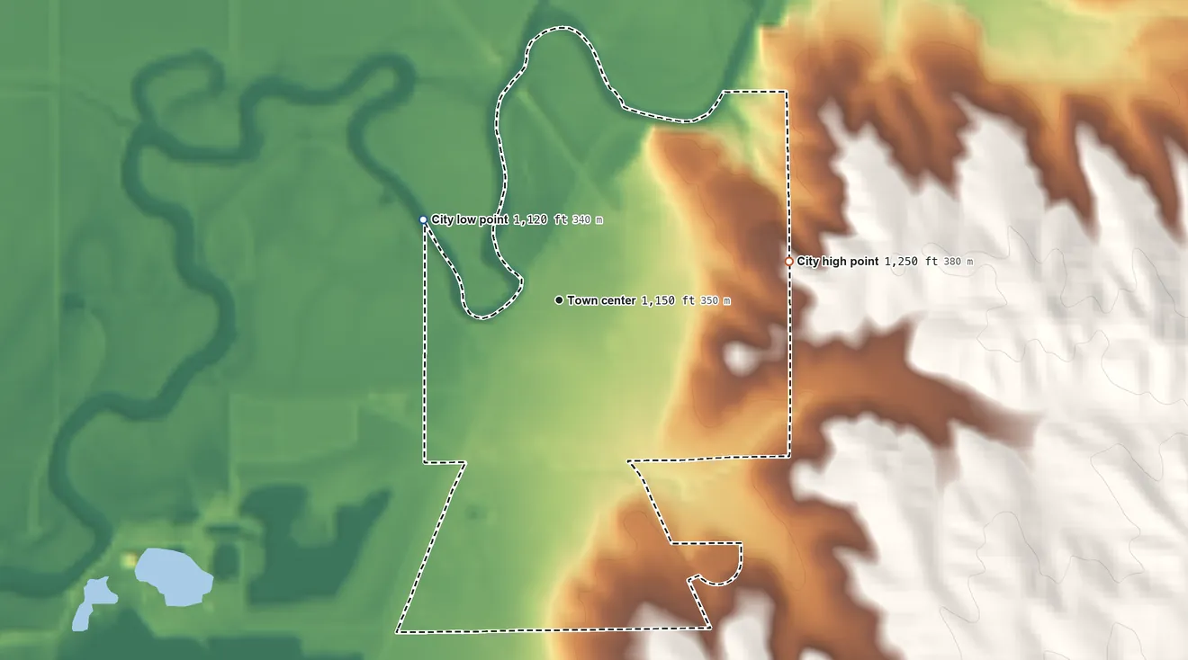 Topographic elevation map of Akron, Iowa, shaded from 1,120 ft on the northwest side to 1,250 ft on the east side