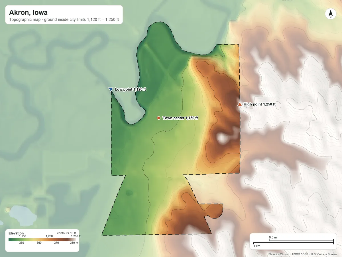 Topographic elevation map of Akron, Iowa, shaded from 1,120 ft on the northwest side to 1,250 ft on the east side