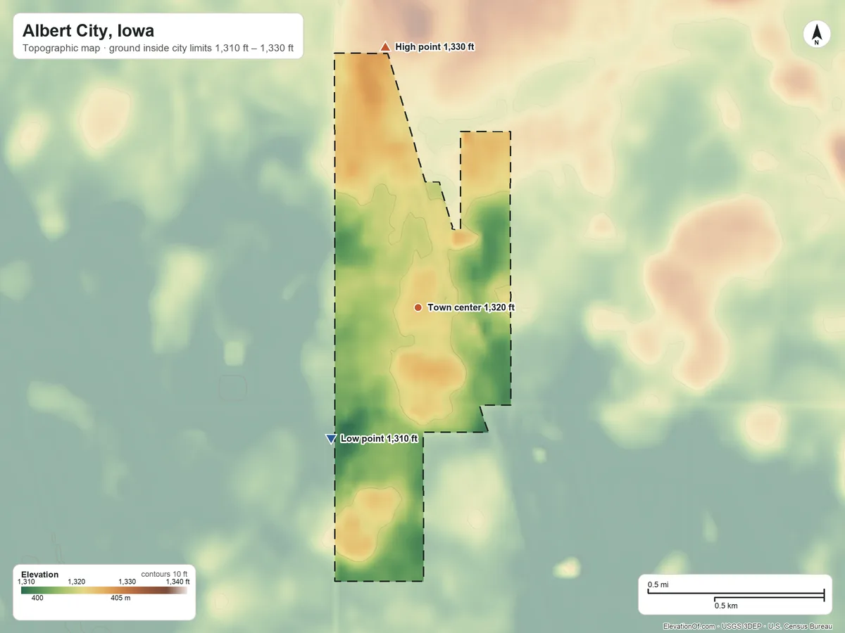 Topographic elevation map of Albert City, Iowa, shaded from 1,310 ft on the southwest side to 1,330 ft on the north side