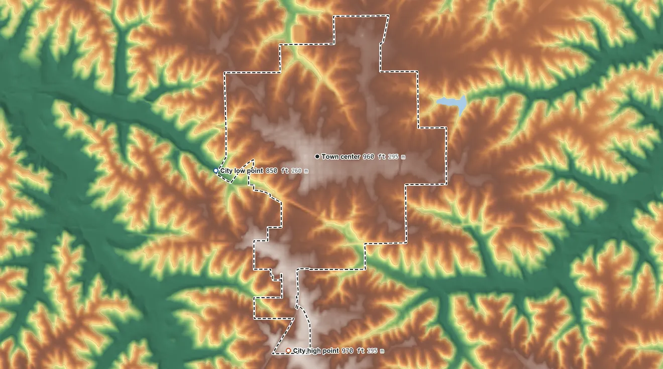 Topographic elevation map of Albia, Iowa, shaded from 850 ft on the west side to 970 ft on the south side