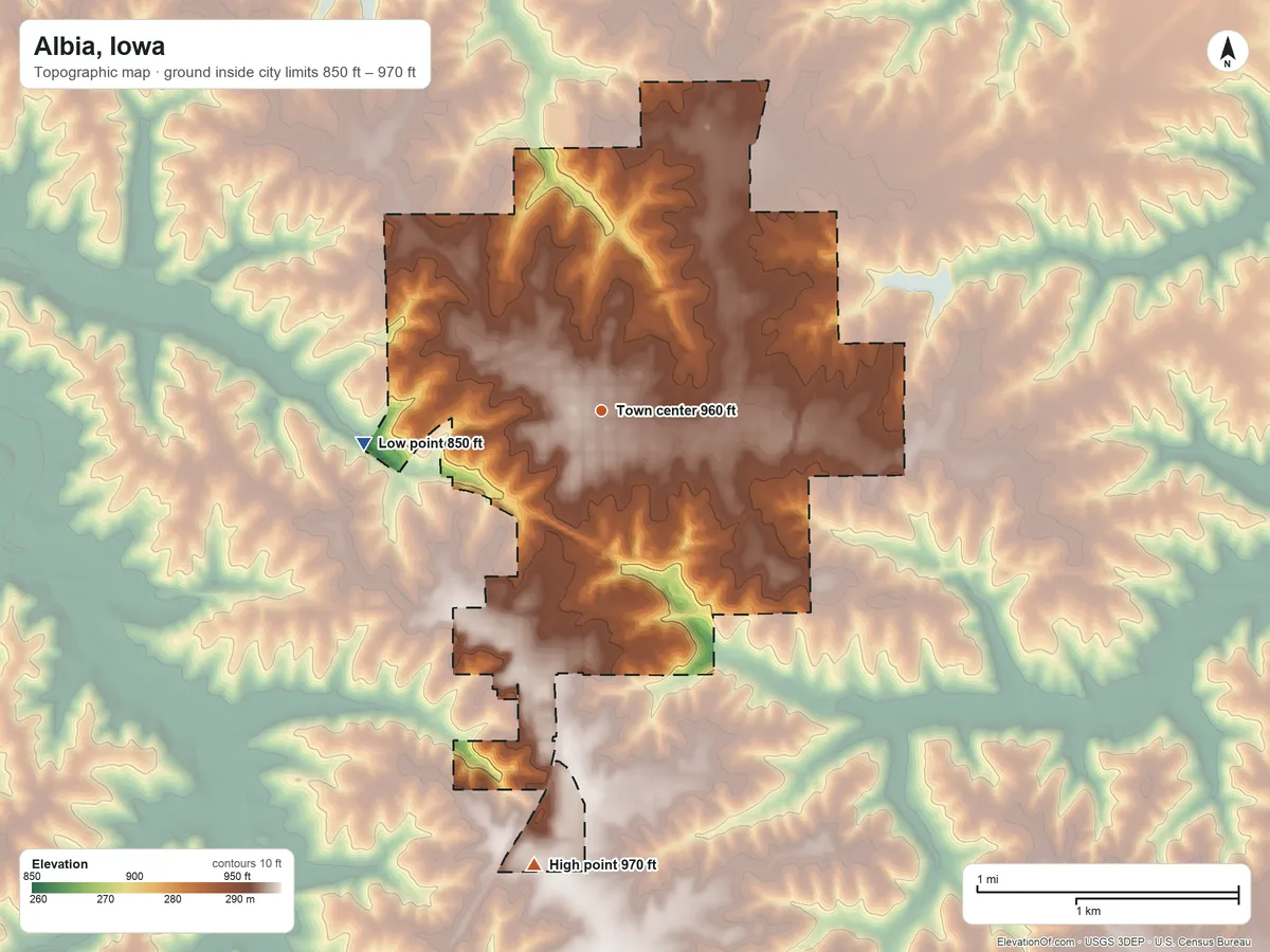 Topographic elevation map of Albia, Iowa, shaded from 850 ft on the west side to 970 ft on the south side