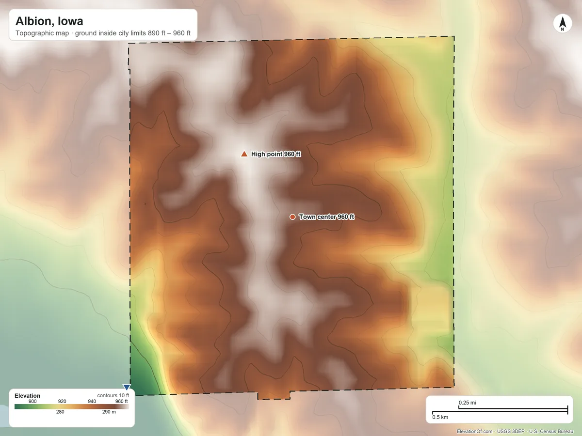 Topographic elevation map of Albion, Iowa, shaded from 890 ft on the southwest side to 960 ft on the northwest side