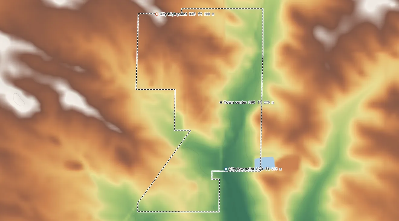 Topographic elevation map of Alburnett, Iowa, shaded from 870 ft on the south side to 910 ft on the northwest side