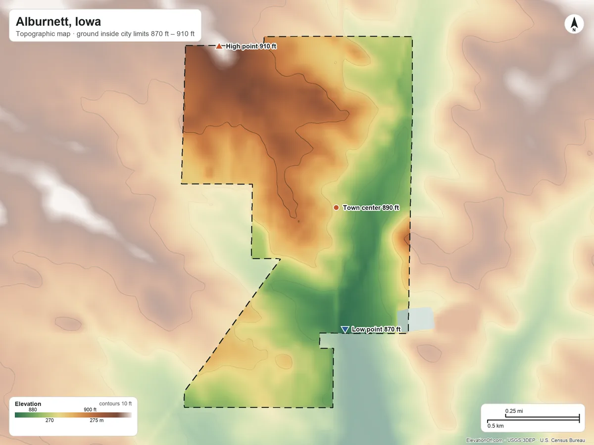 Topographic elevation map of Alburnett, Iowa, shaded from 870 ft on the south side to 910 ft on the northwest side