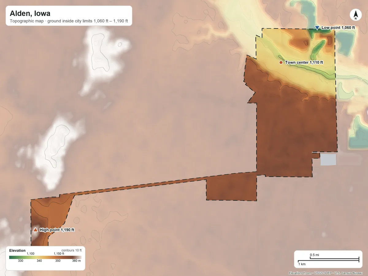 Topographic elevation map of Alden, Iowa, shaded from 1,060 ft on the northeast side to 1,190 ft on the southwest side