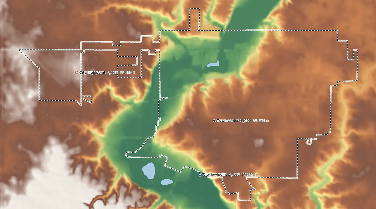 Topographic elevation map of Algona, Iowa, shaded from 1,110 ft on the south side to 1,220 ft on the west side
