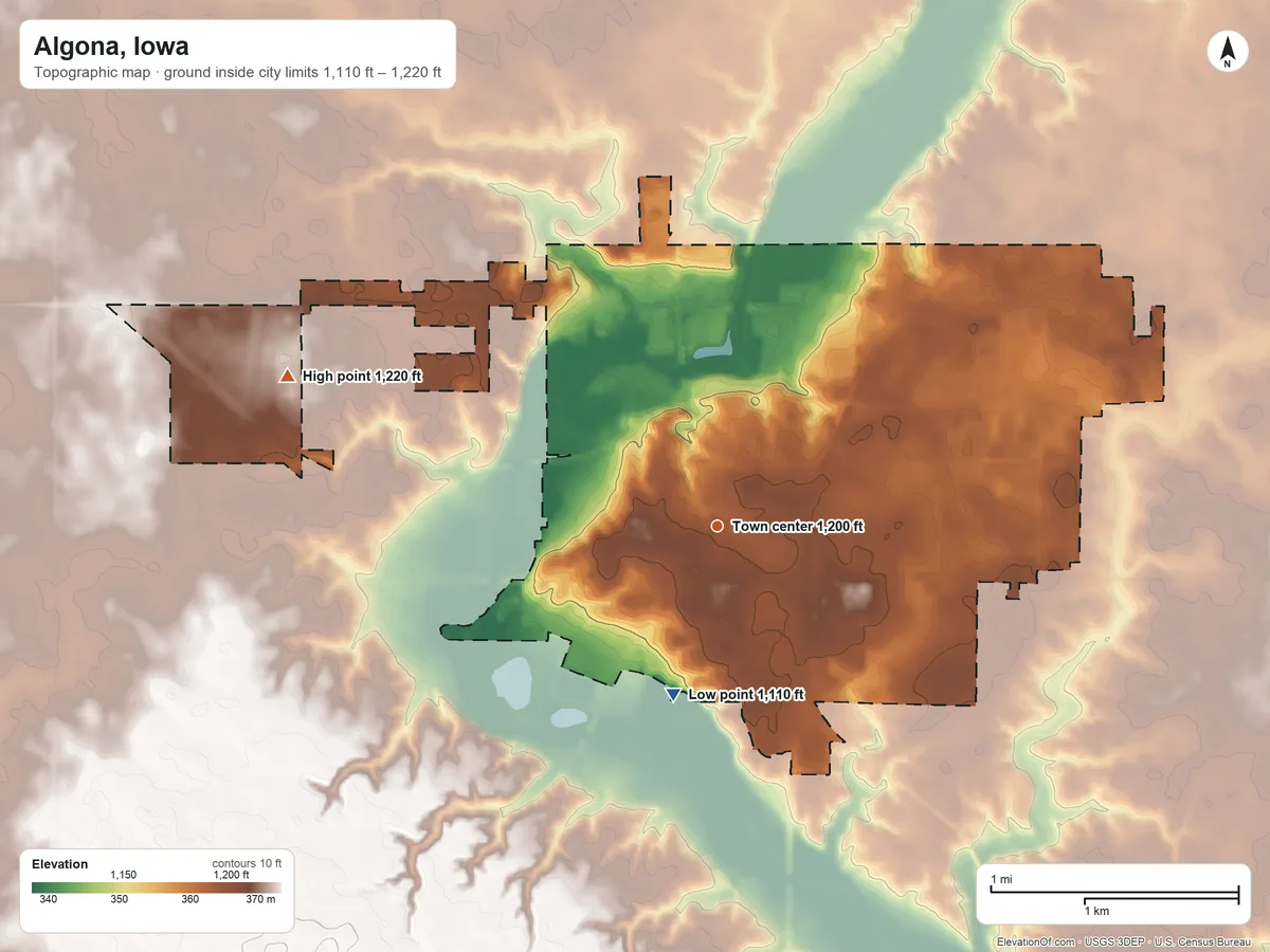 Topographic elevation map of Algona, Iowa, shaded from 1,110 ft on the south side to 1,220 ft on the west side