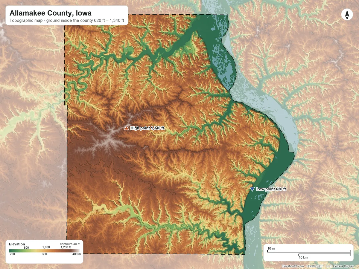 Topographic elevation map of Allamakee County, Iowa, shaded from 620 ft on the southeast side to 1,340 ft on the west side