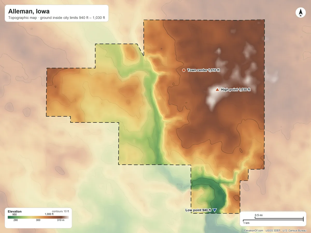 Topographic elevation map of Alleman, Iowa, shaded from 940 ft on the south side to 1,030 ft on the southeast side
