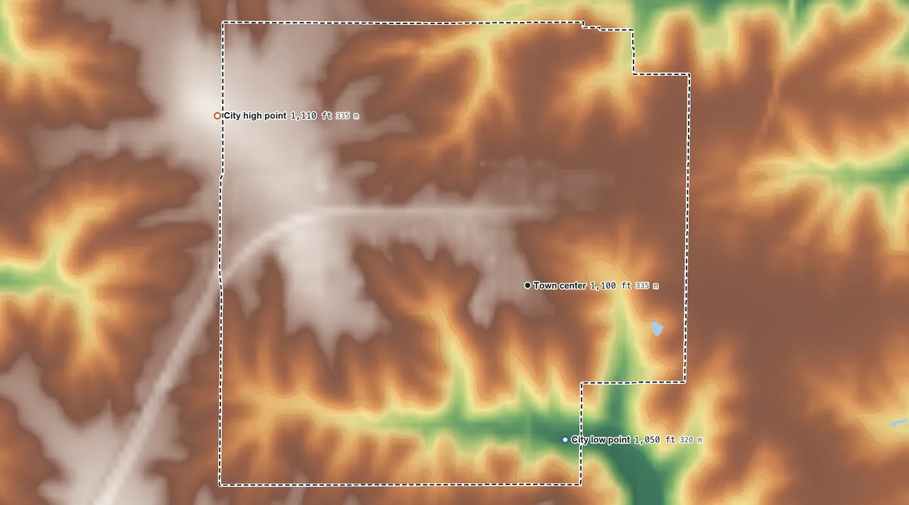 Topographic elevation map of Allerton, Iowa, shaded from 1,050 ft on the south side to 1,110 ft on the northwest side