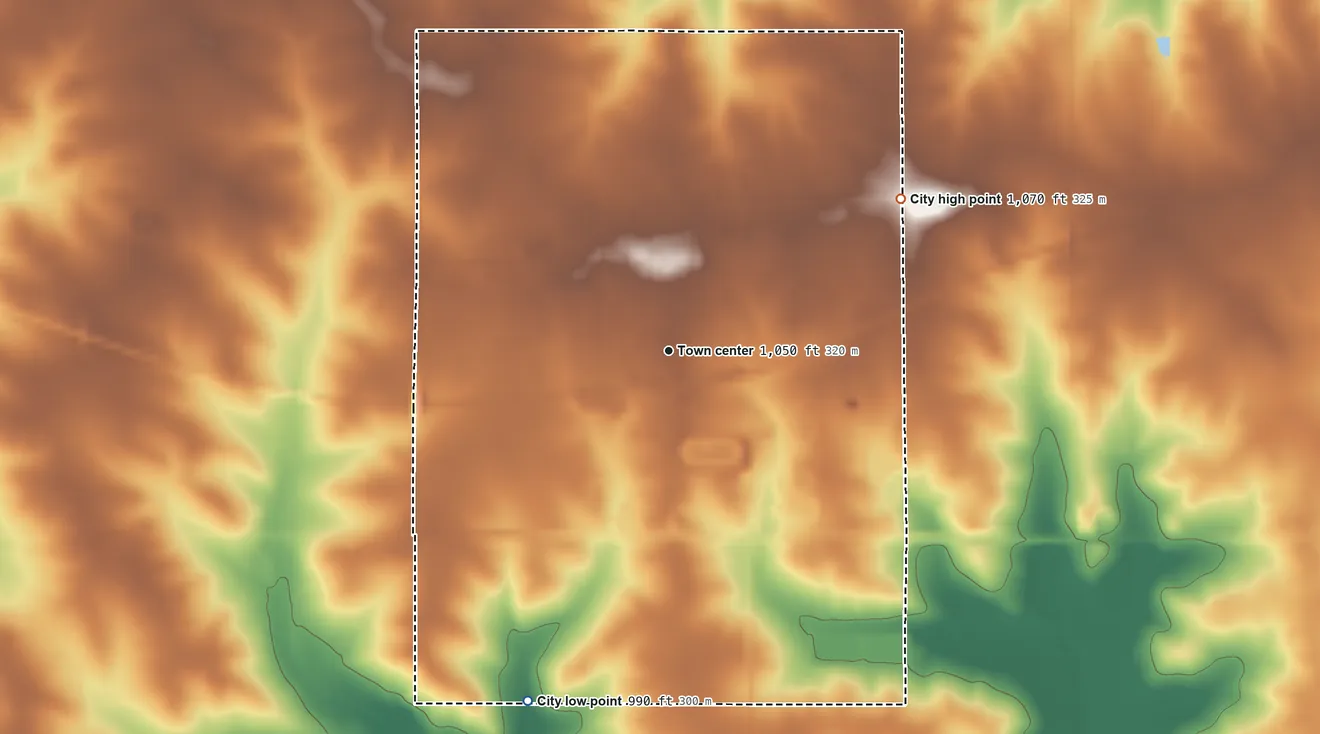 Topographic elevation map of Allison, Iowa, shaded from 990 ft on the south side to 1,070 ft on the northeast side