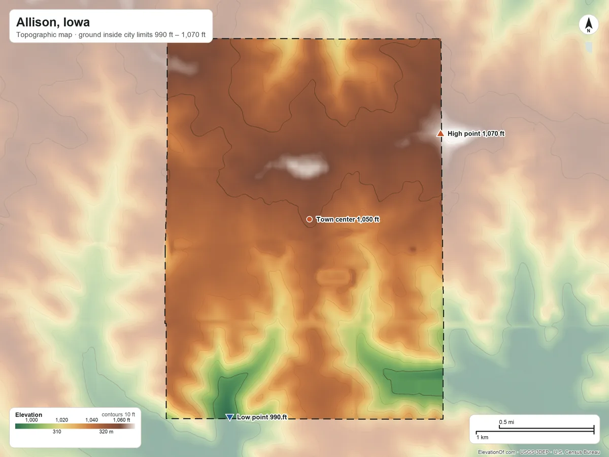 Topographic elevation map of Allison, Iowa, shaded from 990 ft on the south side to 1,070 ft on the northeast side