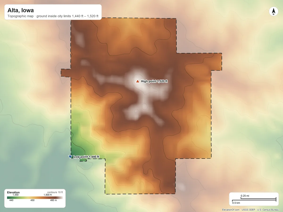 Topographic elevation map of Alta, Iowa, shaded from 1,440 ft on the southwest side to 1,520 ft on the north side