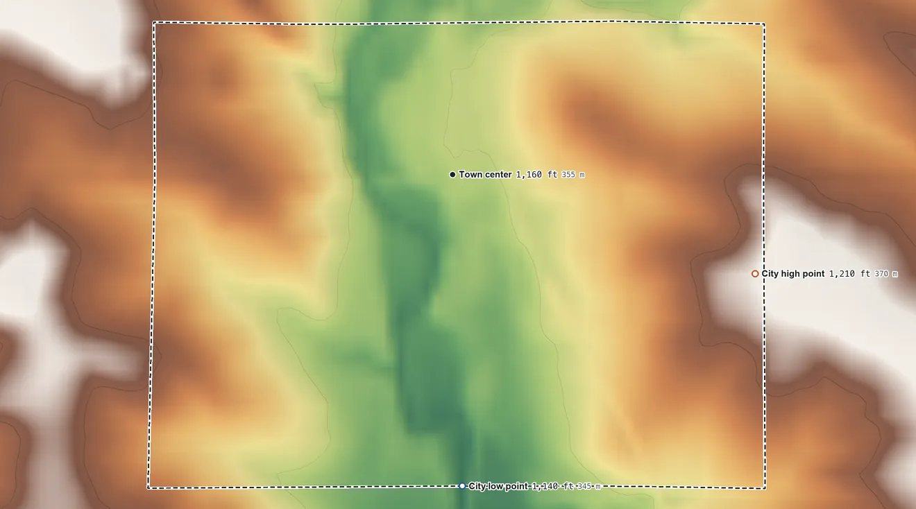 Topographic elevation map of Alta Vista, Iowa, shaded from 1,140 ft on the south side to 1,210 ft on the east side