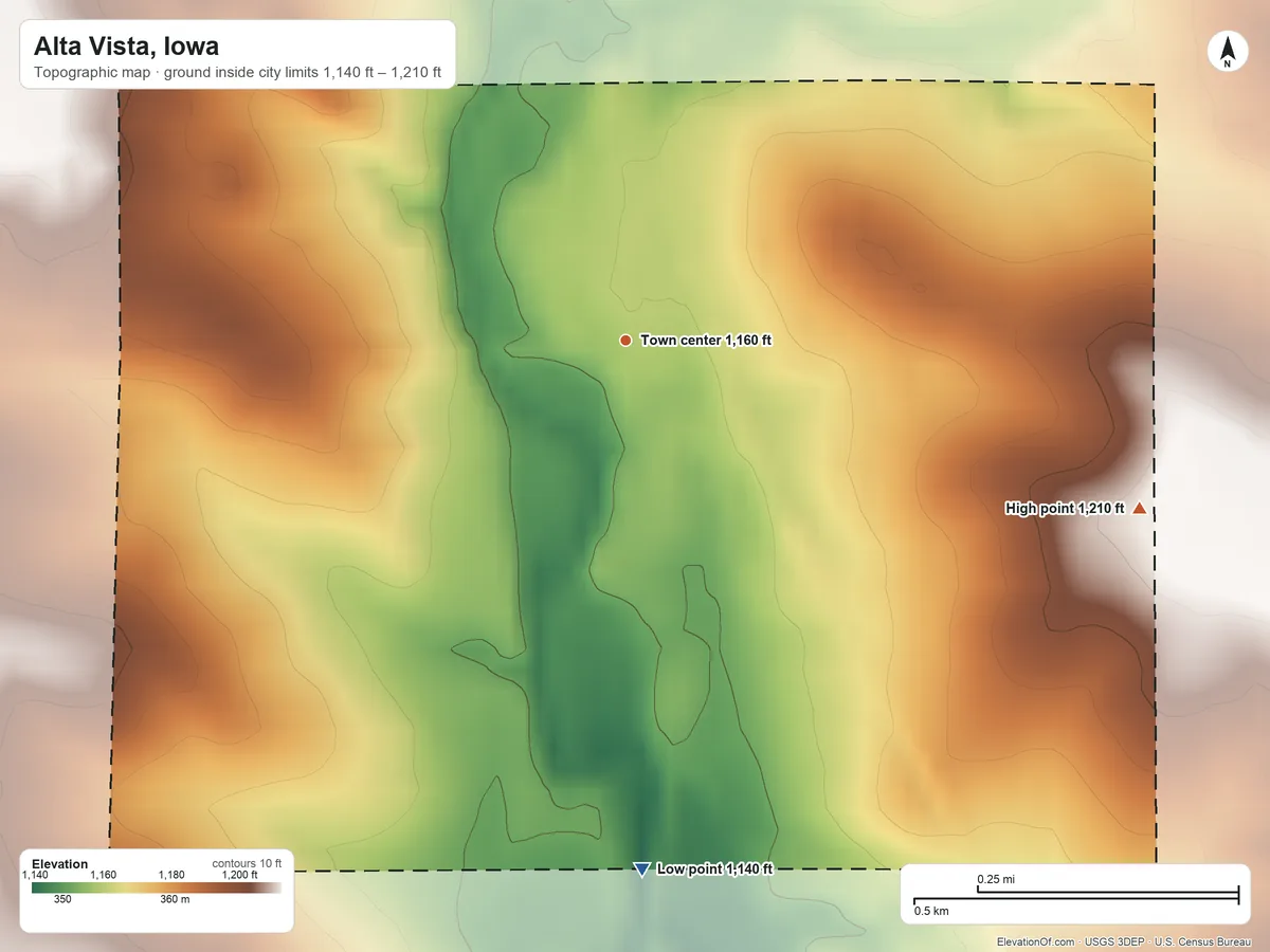 Topographic elevation map of Alta Vista, Iowa, shaded from 1,140 ft on the south side to 1,210 ft on the east side