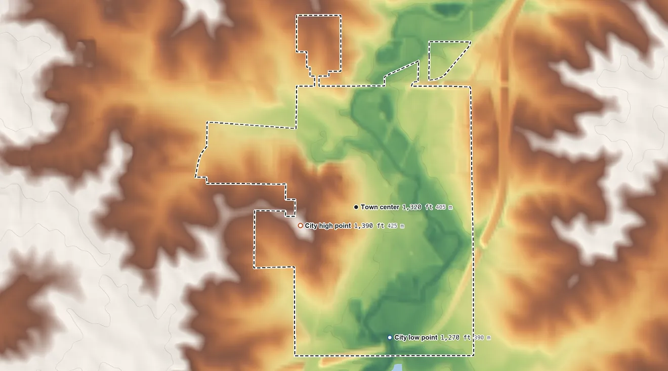 Topographic elevation map of Alton, Iowa, shaded from 1,270 ft on the south side to 1,390 ft on the west side