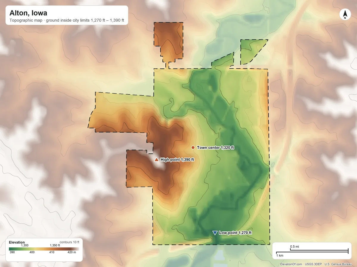Topographic elevation map of Alton, Iowa, shaded from 1,270 ft on the south side to 1,390 ft on the west side