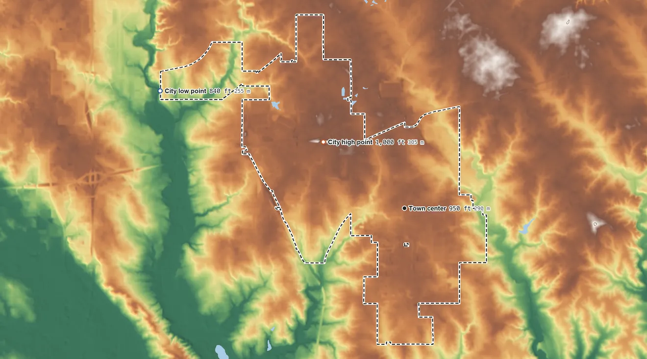 Topographic elevation map of Altoona, Iowa, shaded from 840 ft on the northwest side to 1,000 ft on the northwest side