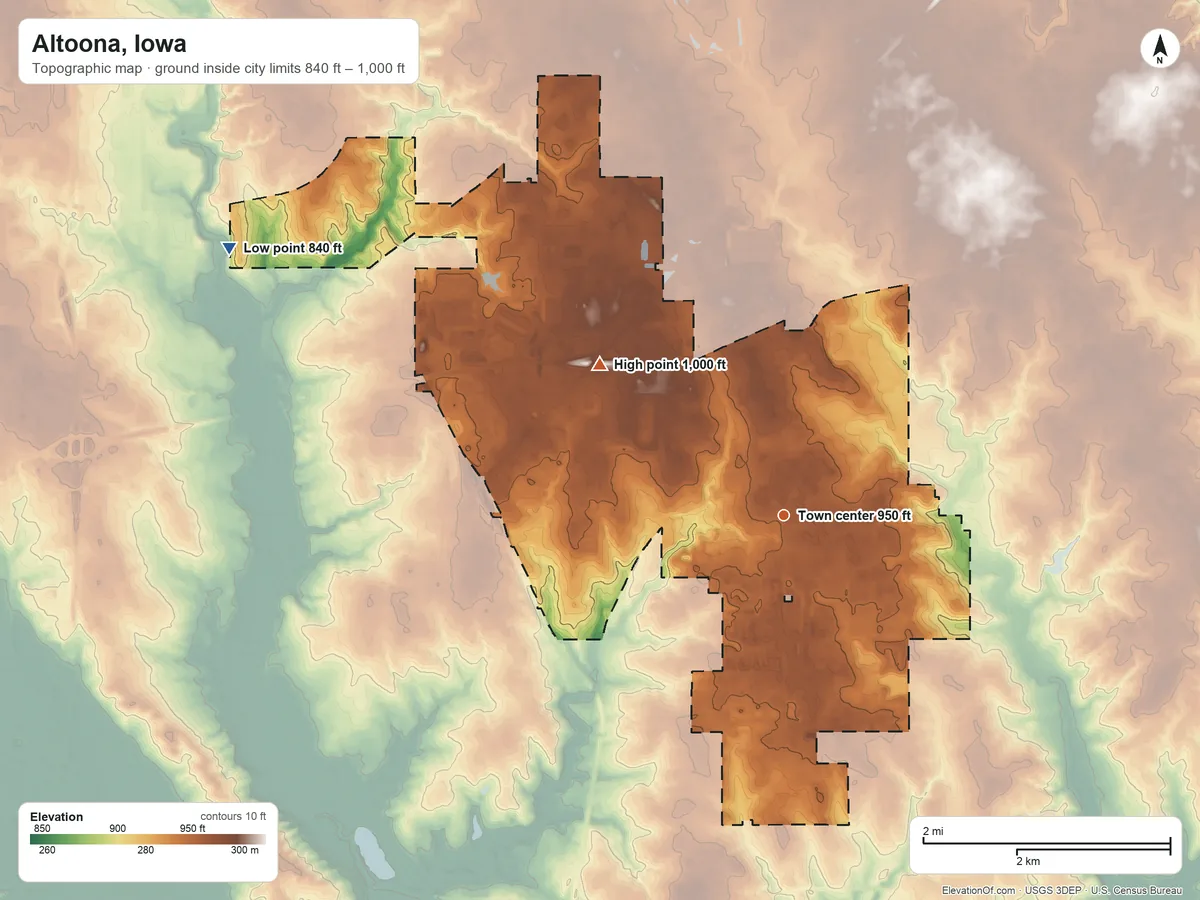 Topographic elevation map of Altoona, Iowa, shaded from 840 ft on the northwest side to 1,000 ft on the northwest side