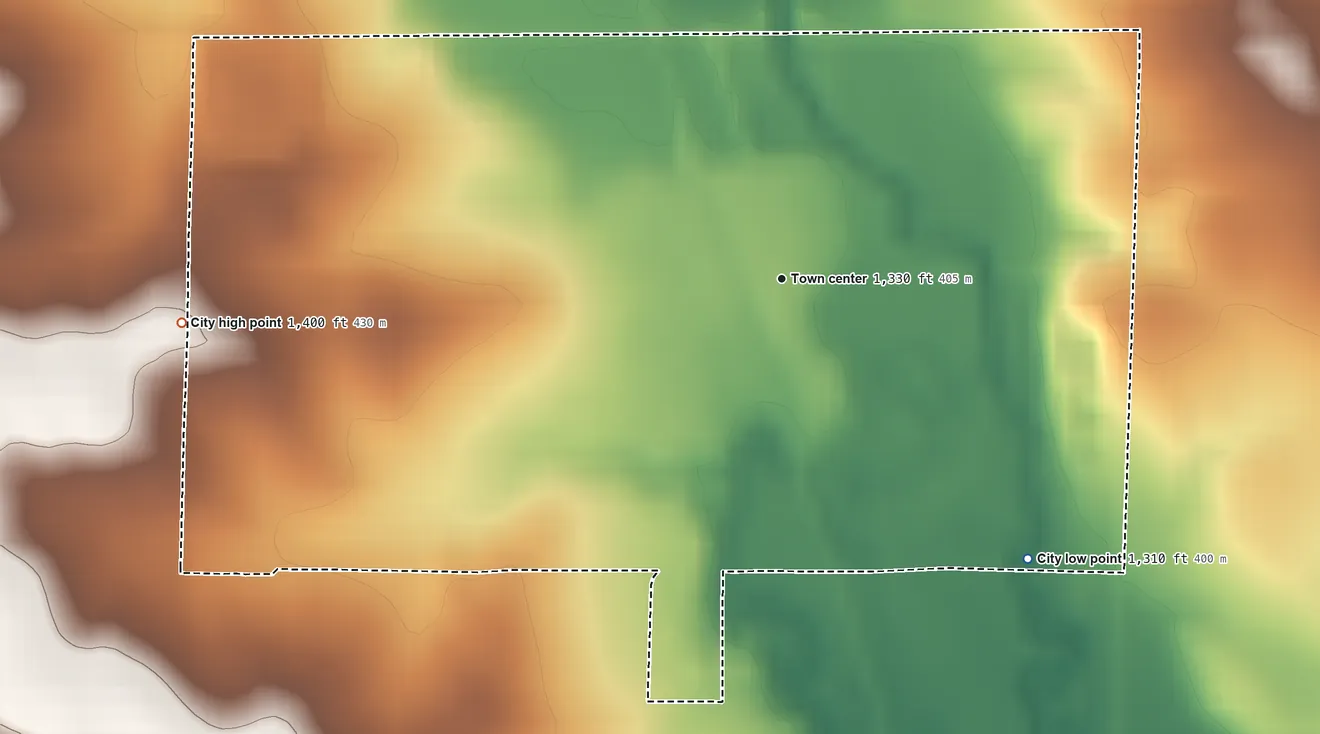 Topographic elevation map of Alvord, Iowa, shaded from 1,310 ft on the southeast side to 1,400 ft on the west side