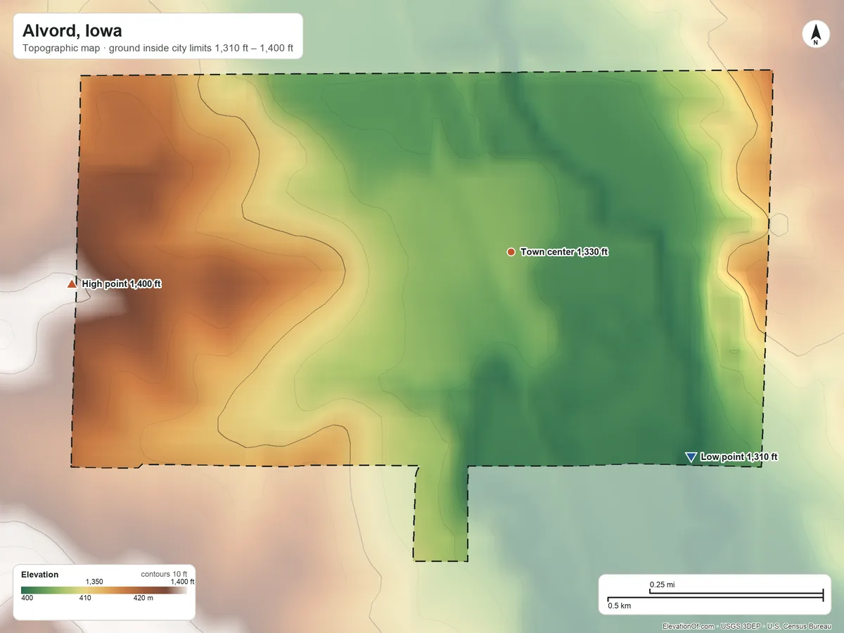 Topographic elevation map of Alvord, Iowa, shaded from 1,310 ft on the southeast side to 1,400 ft on the west side