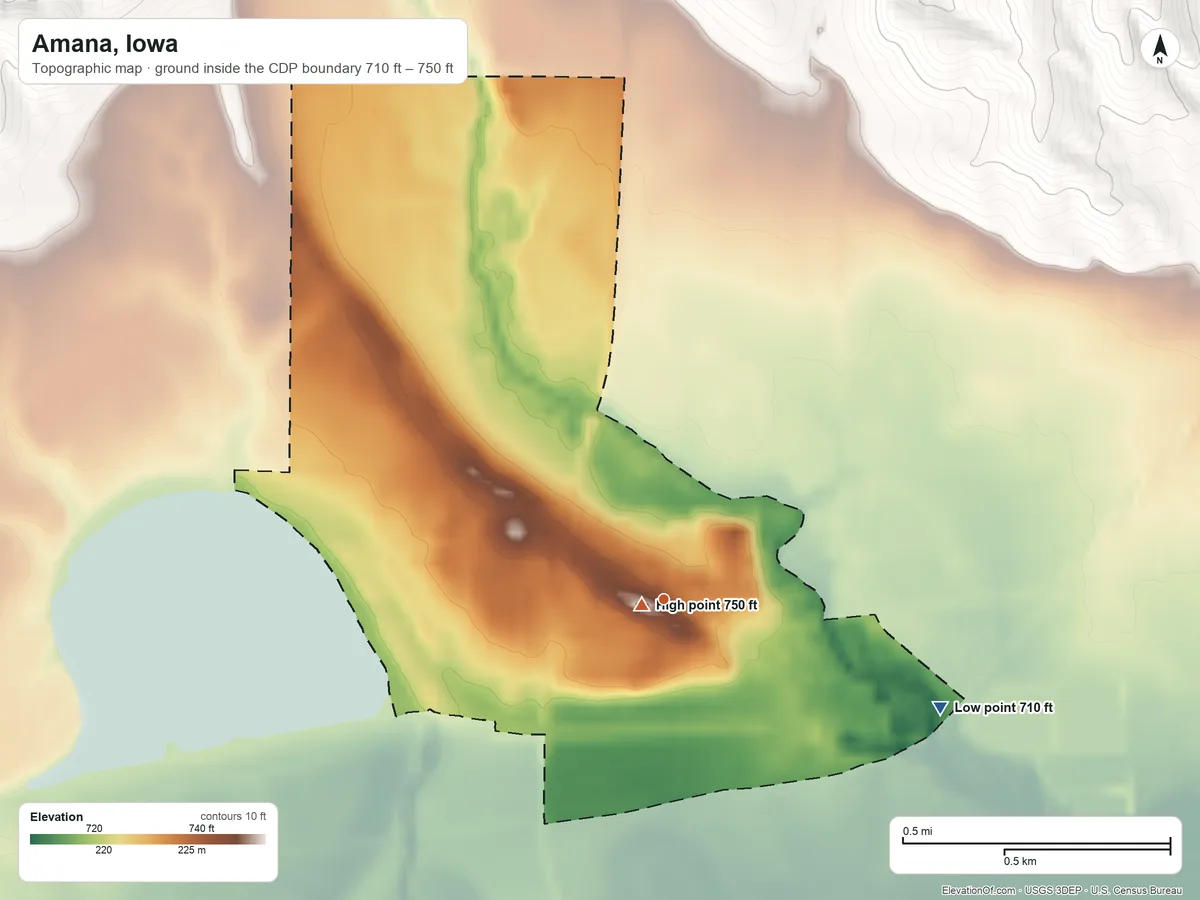 Topographic elevation map of Amana, Iowa, shaded from 710 ft on the east side to 750 ft near the middle