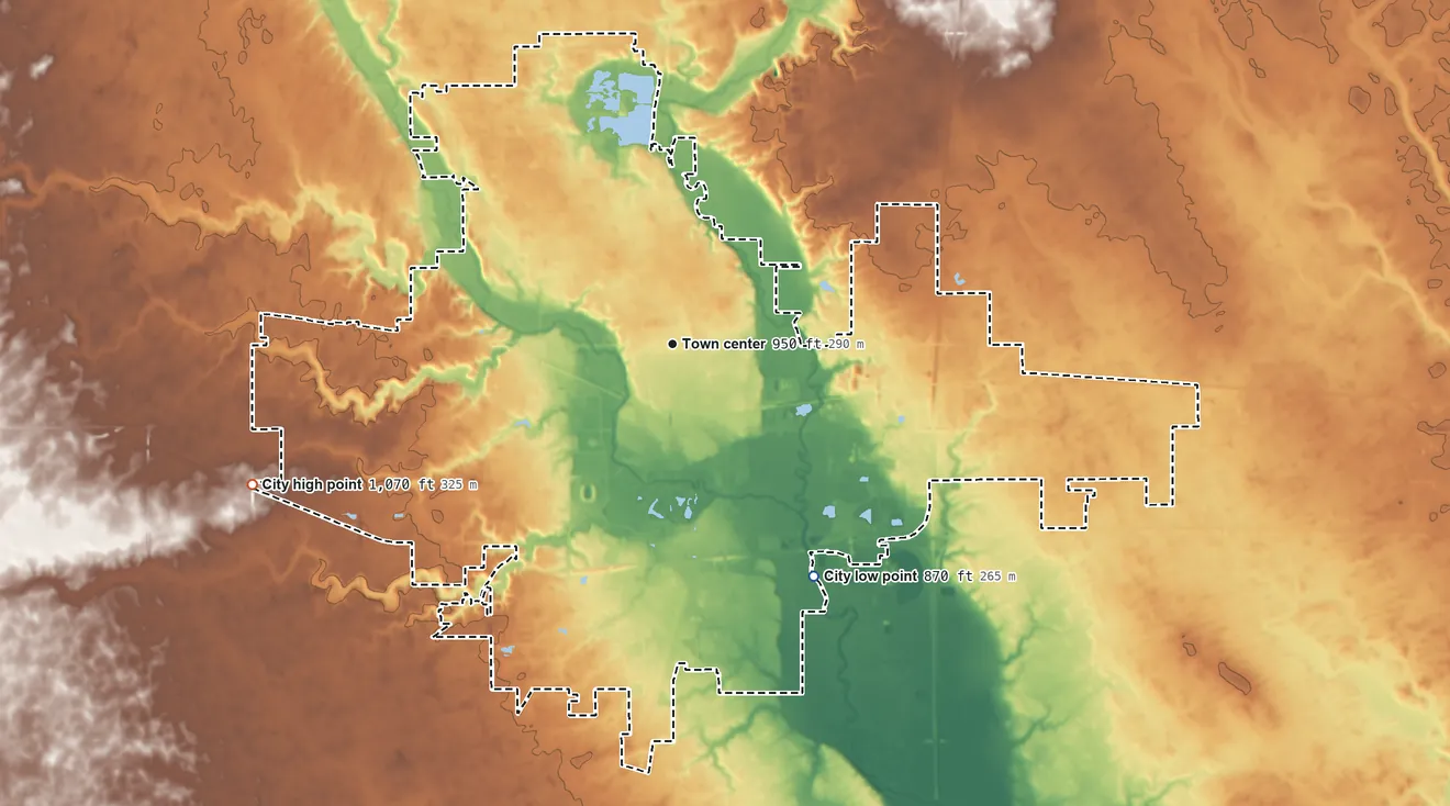 Topographic elevation map of Ames, Iowa, shaded from 870 ft on the southeast side to 1,070 ft on the west side