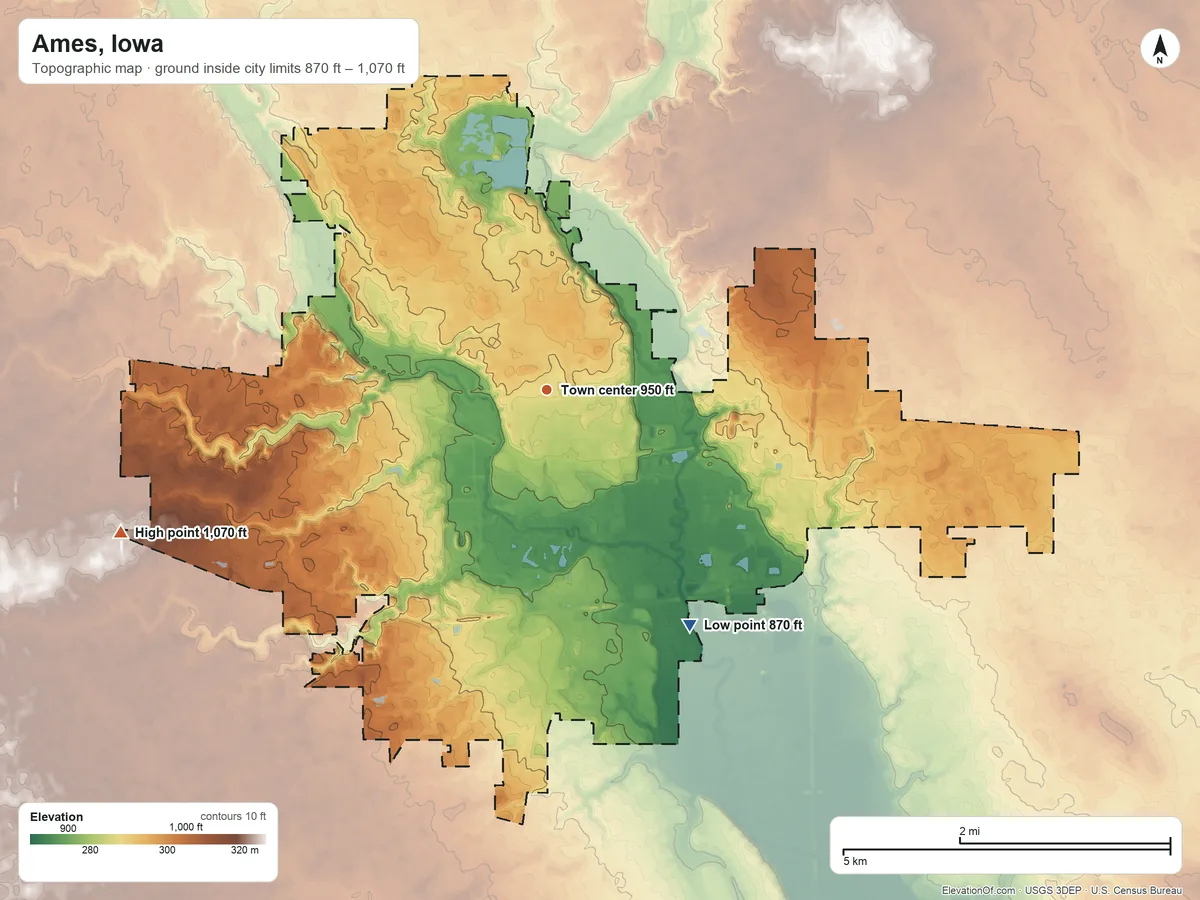 Topographic elevation map of Ames, Iowa, shaded from 870 ft on the southeast side to 1,070 ft on the west side