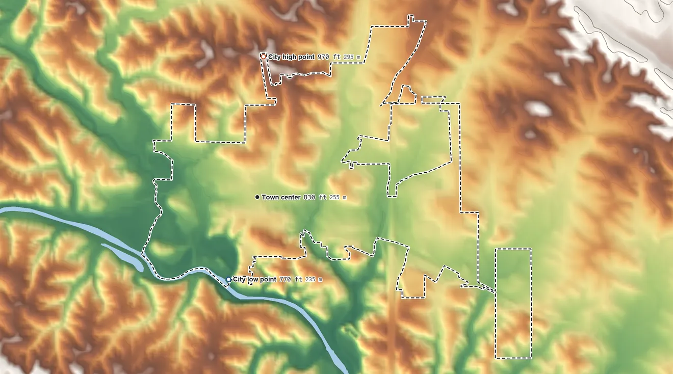 Topographic elevation map of Anamosa, Iowa, shaded from 770 ft on the south side to 970 ft on the north side