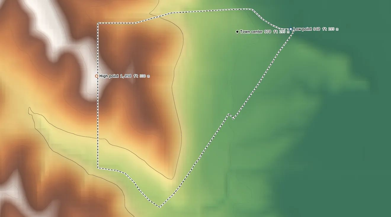 Topographic elevation map of Anderson, Iowa, shaded from 940 ft on the east side to 1,090 ft on the west side