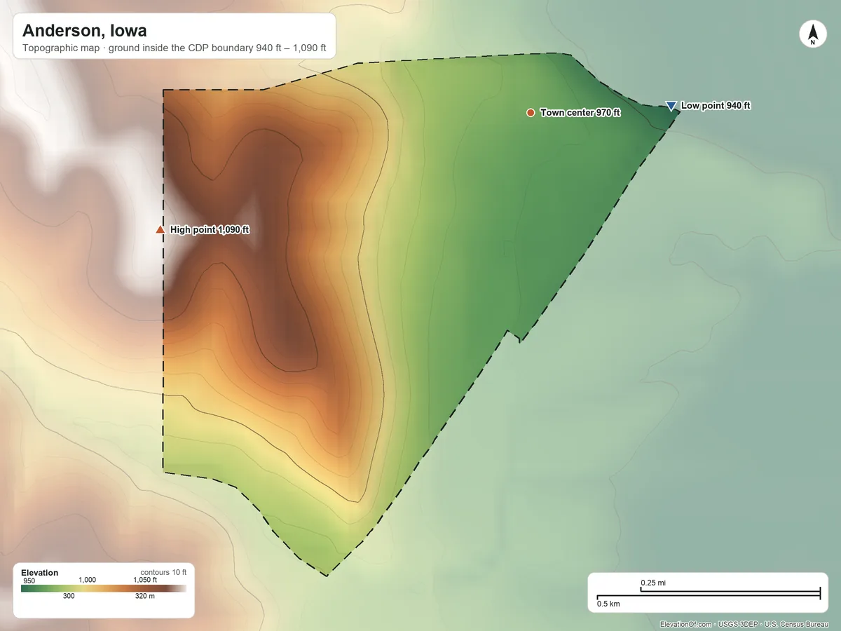 Topographic elevation map of Anderson, Iowa, shaded from 940 ft on the east side to 1,090 ft on the west side