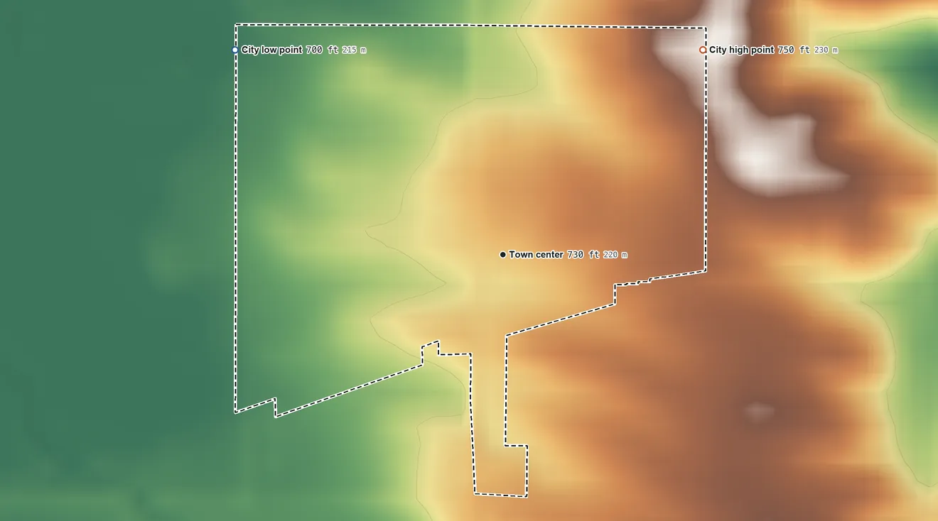 Topographic elevation map of Andover, Iowa, shaded from 700 ft on the northwest side to 750 ft on the northeast side