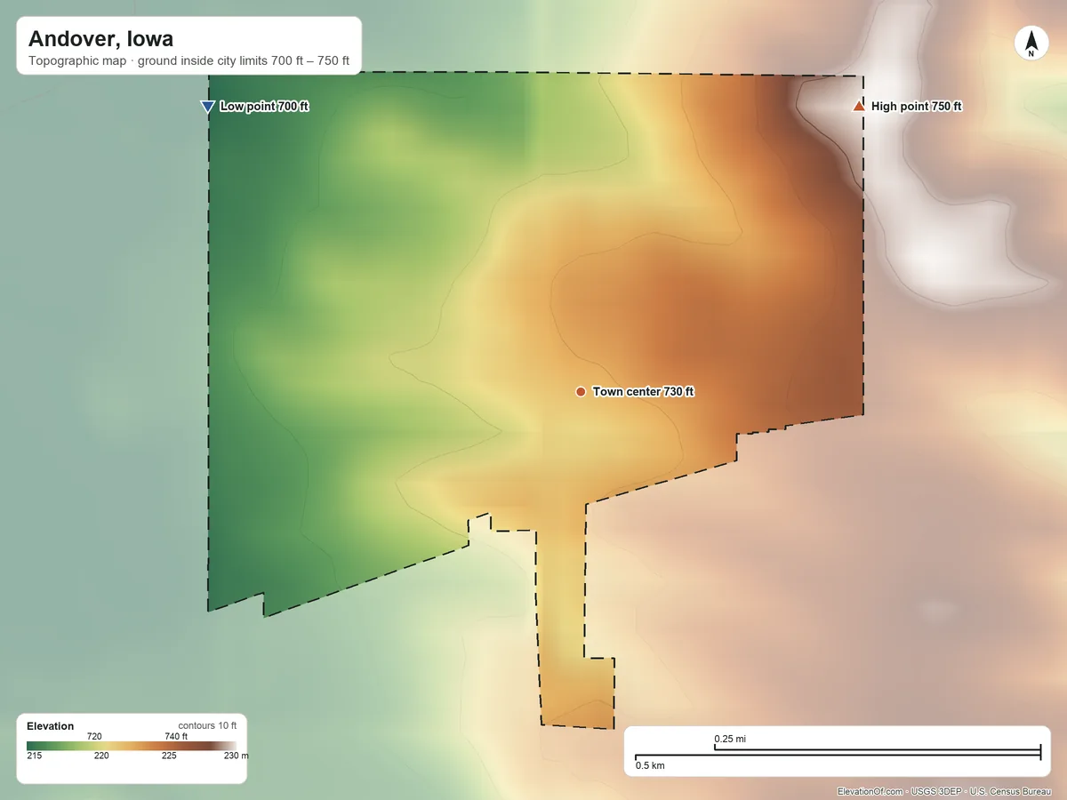 Topographic elevation map of Andover, Iowa, shaded from 700 ft on the northwest side to 750 ft on the northeast side