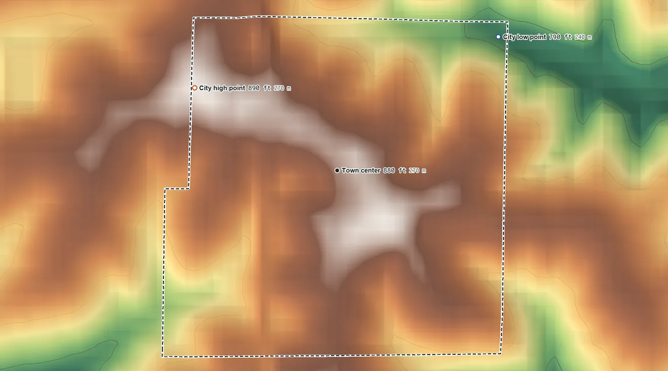 Topographic elevation map of Andrew, Iowa, shaded from 790 ft on the northeast side to 890 ft on the northwest side