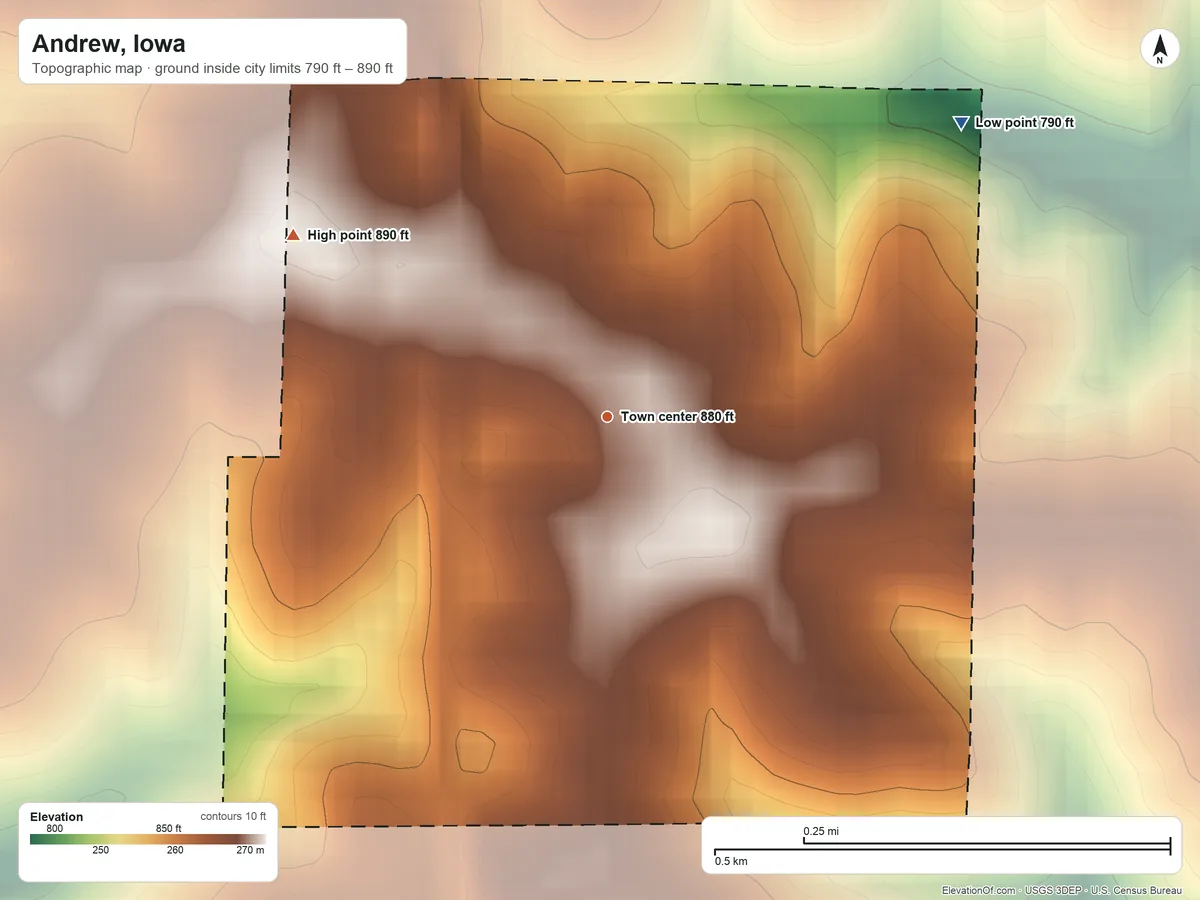 Topographic elevation map of Andrew, Iowa, shaded from 790 ft on the northeast side to 890 ft on the northwest side