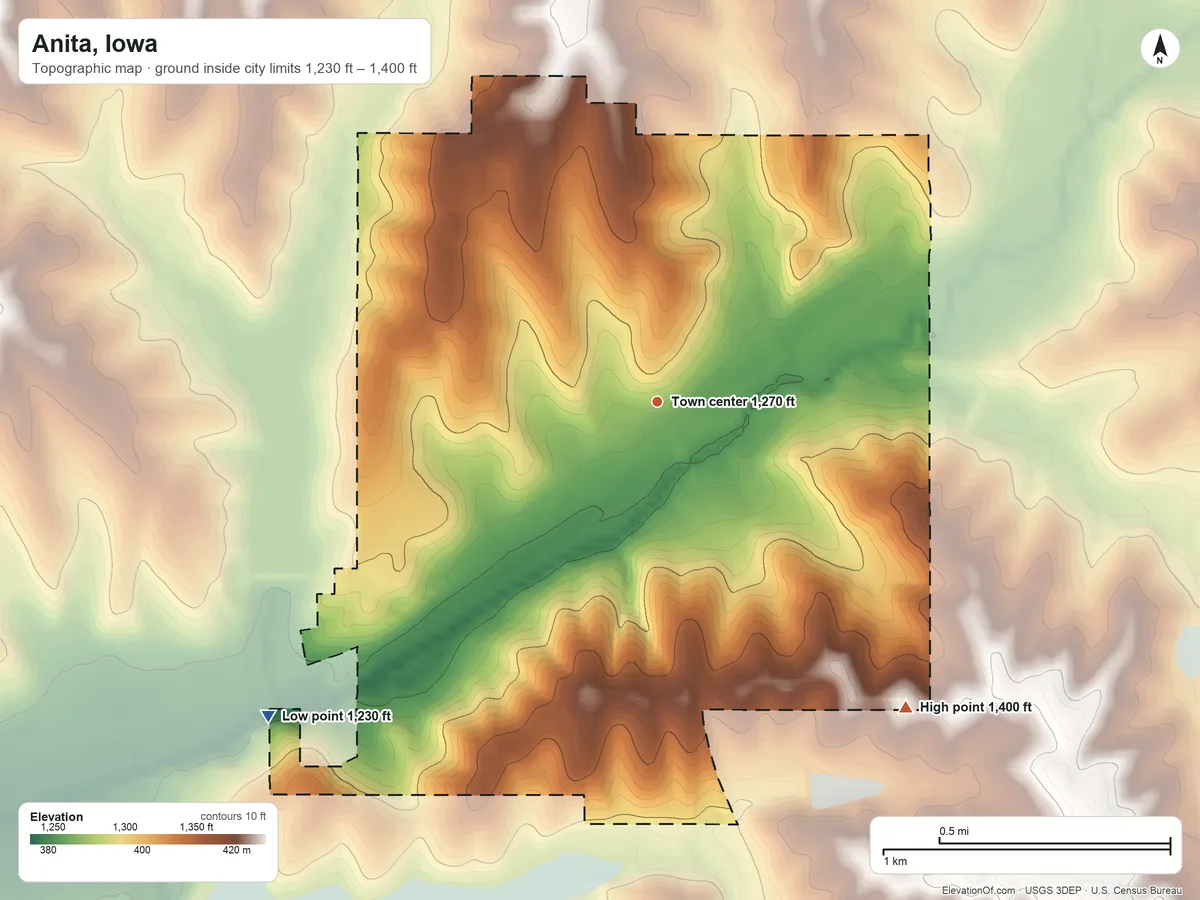 Topographic elevation map of Anita, Iowa, shaded from 1,230 ft on the southwest side to 1,400 ft on the southeast side