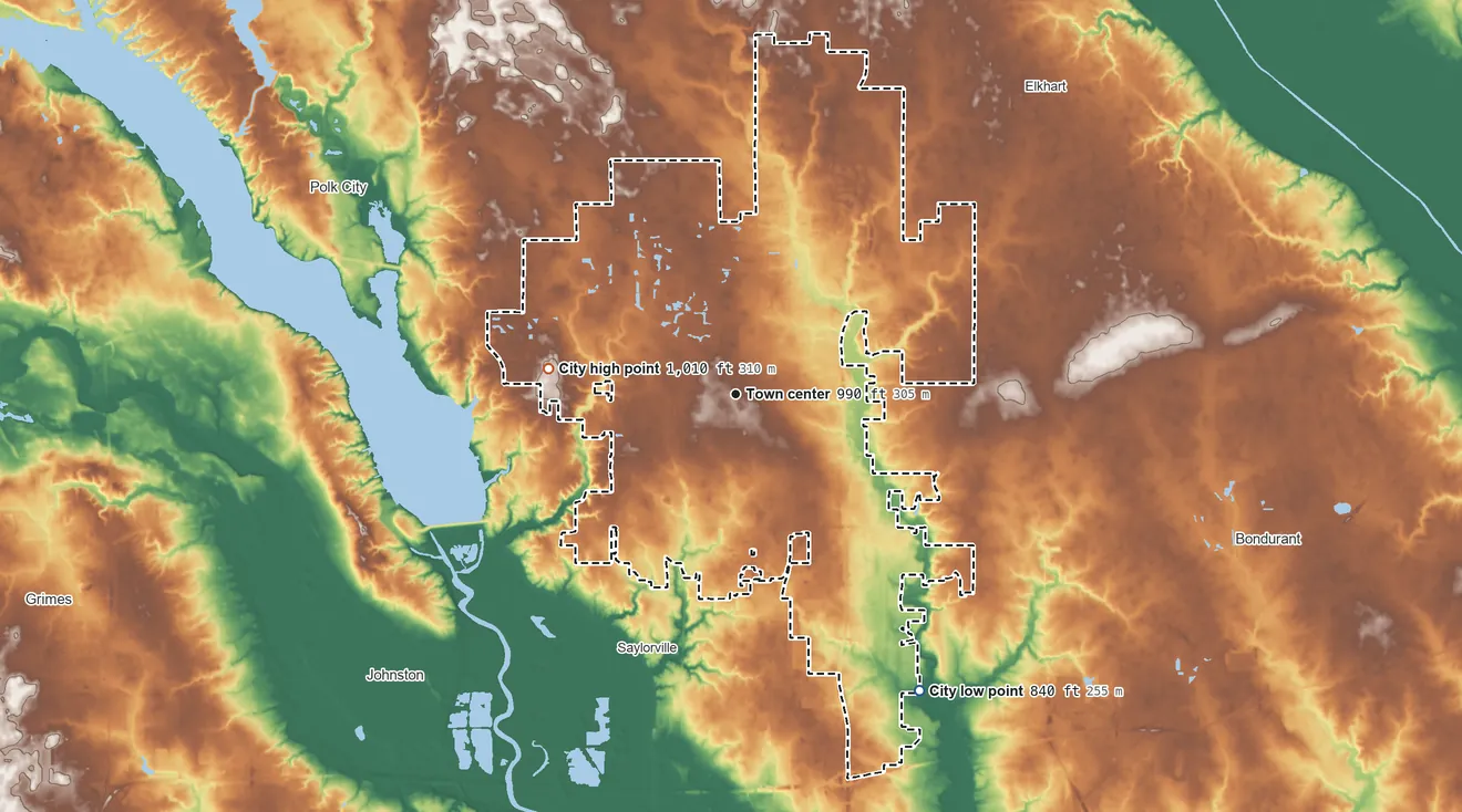 Topographic elevation map of Ankeny, Iowa, shaded from 840 ft on the southeast side to 1,010 ft on the west side
