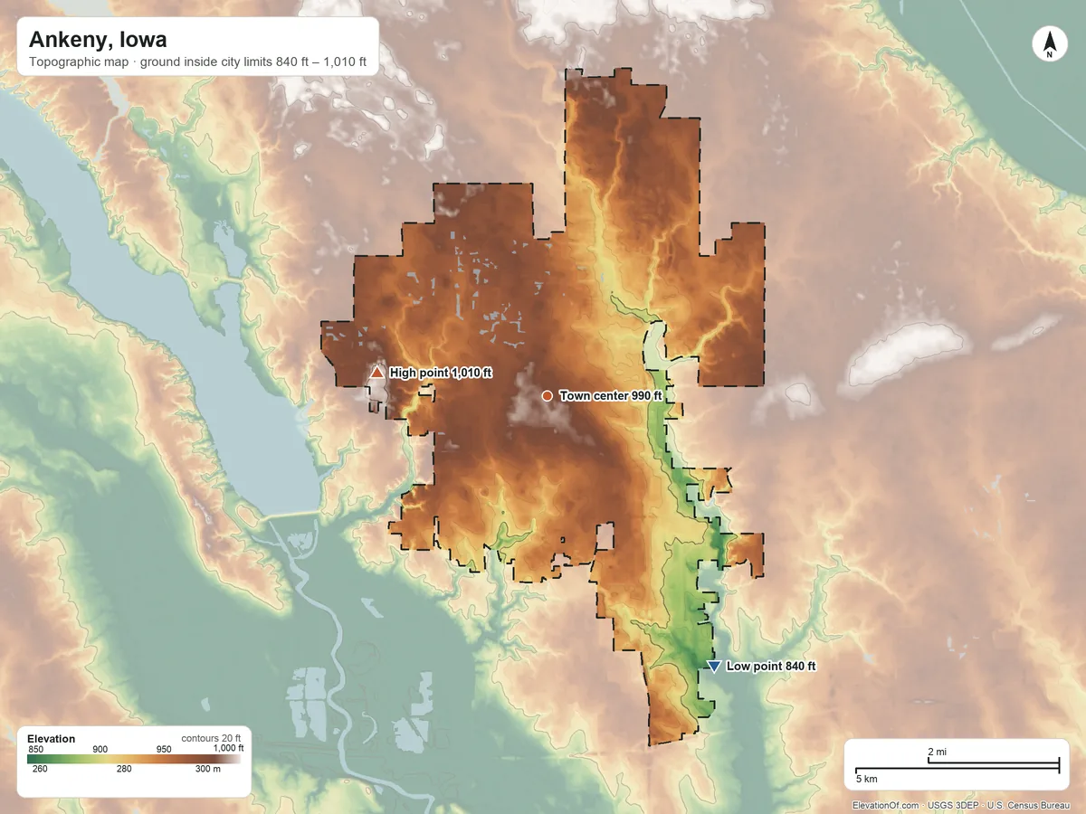 Topographic elevation map of Ankeny, Iowa, shaded from 840 ft on the southeast side to 1,010 ft on the west side