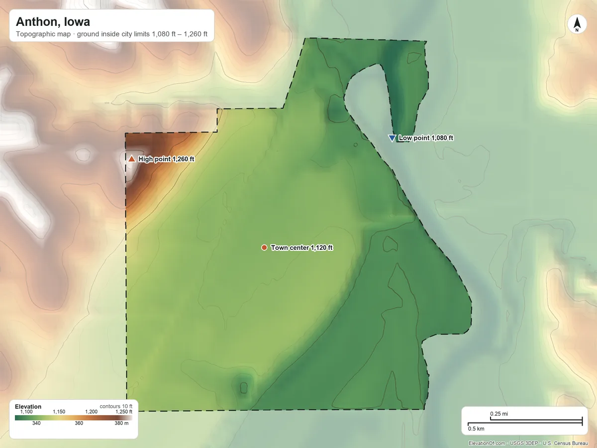 Topographic elevation map of Anthon, Iowa, shaded from 1,080 ft on the northeast side to 1,260 ft on the northwest side