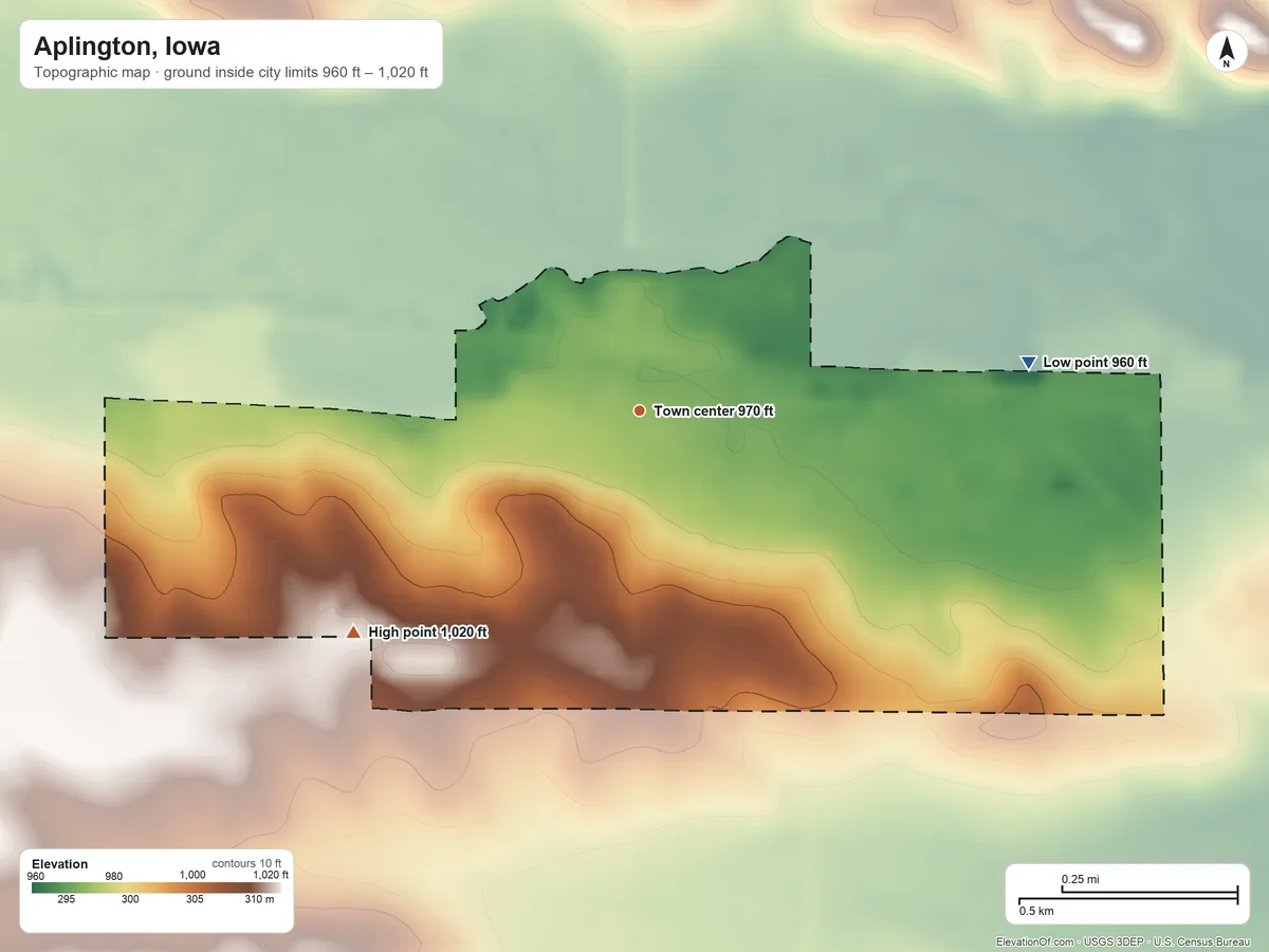 Topographic elevation map of Aplington, Iowa, shaded from 960 ft on the east side to 1,020 ft on the southwest side
