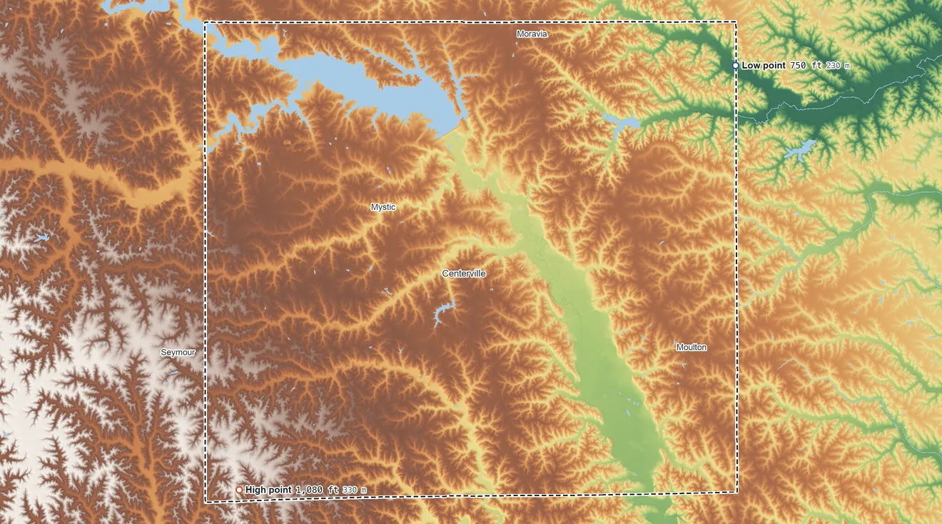 Topographic elevation map of Appanoose County, Iowa, shaded from 750 ft on the northeast side to 1,080 ft on the southwest side