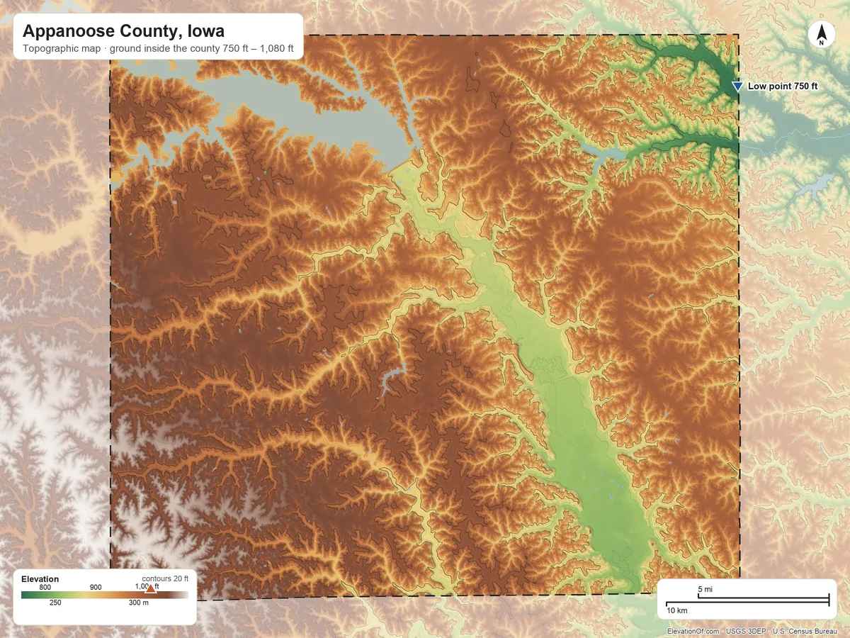 Topographic elevation map of Appanoose County, Iowa, shaded from 750 ft on the northeast side to 1,080 ft on the southwest side