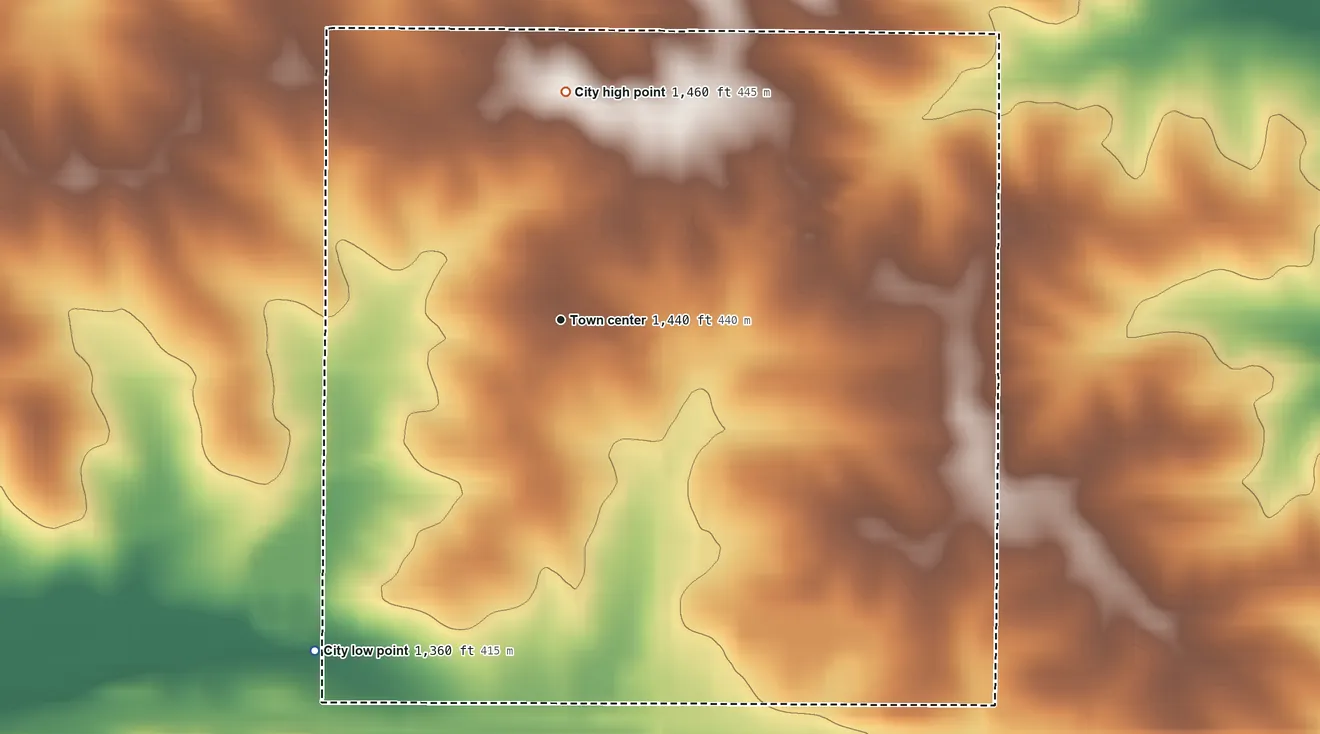 Topographic elevation map of Arcadia, Iowa, shaded from 1,360 ft on the southwest side to 1,460 ft on the north side