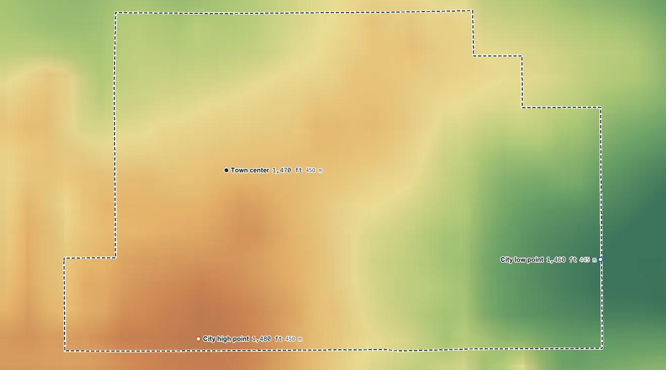 Topographic elevation map of Archer, Iowa, shaded from 1,460 ft on the east side to 1,480 ft on the south side