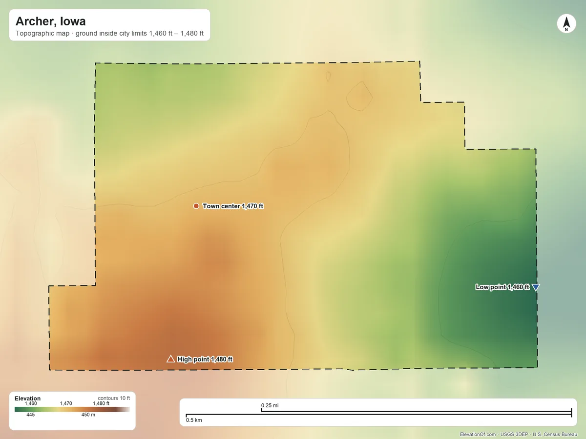 Topographic elevation map of Archer, Iowa, shaded from 1,460 ft on the east side to 1,480 ft on the south side