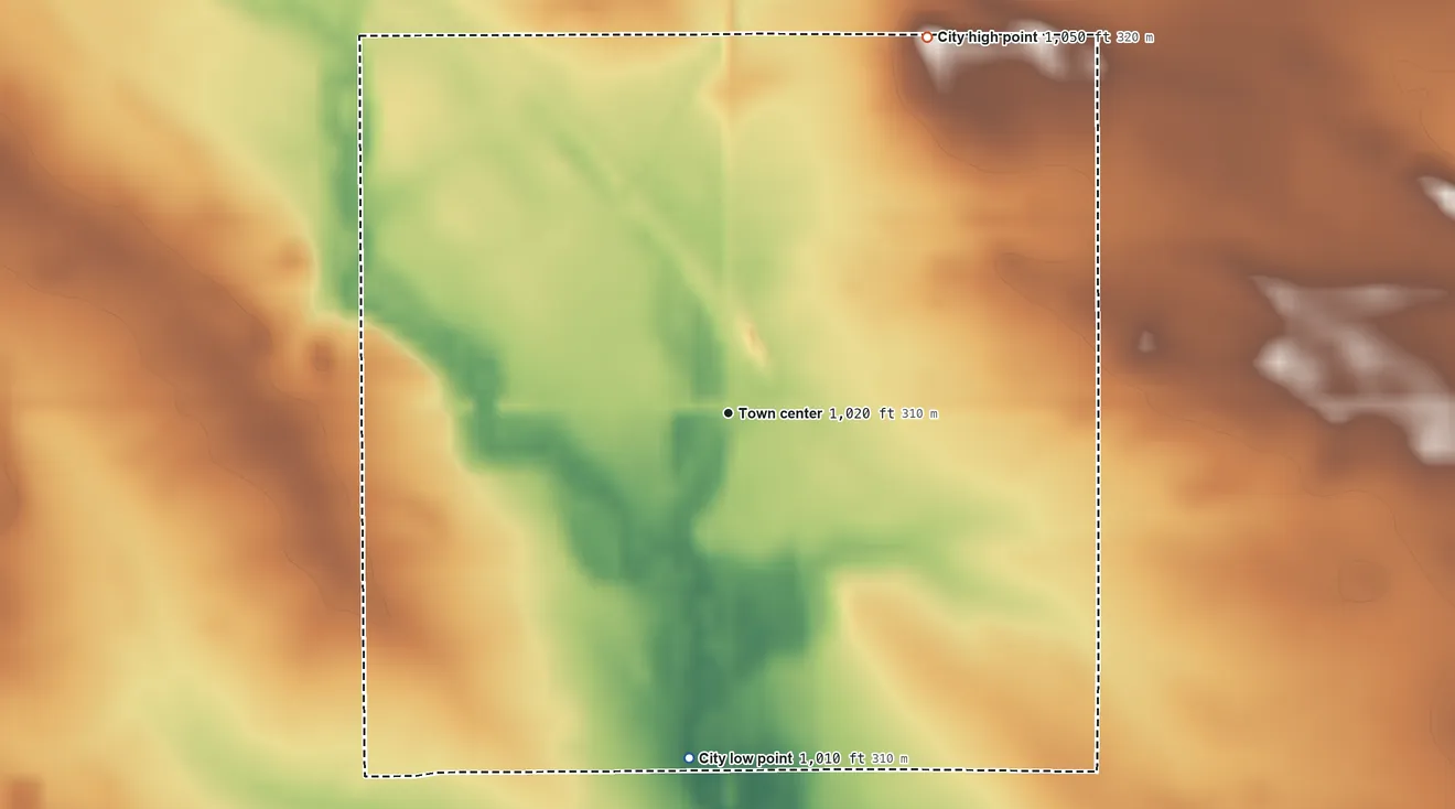 Topographic elevation map of Aredale, Iowa, shaded from 1,010 ft on the south side to 1,050 ft on the northeast side