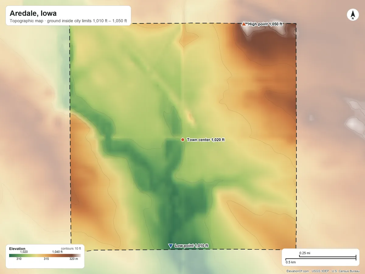 Topographic elevation map of Aredale, Iowa, shaded from 1,010 ft on the south side to 1,050 ft on the northeast side